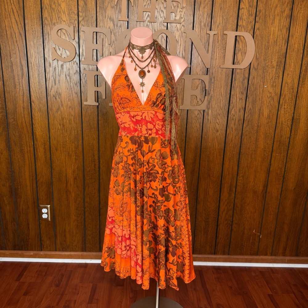 Y2K Orange Floral Patchwork Halter Midi Dress Alyn Paige Women S Boho Fairycore